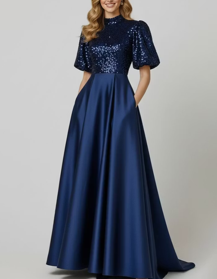 Navy Blue High‑Neck Puff Short‑Sleeve Sequin‑Bodice Satin A‑Line Maxi Dress