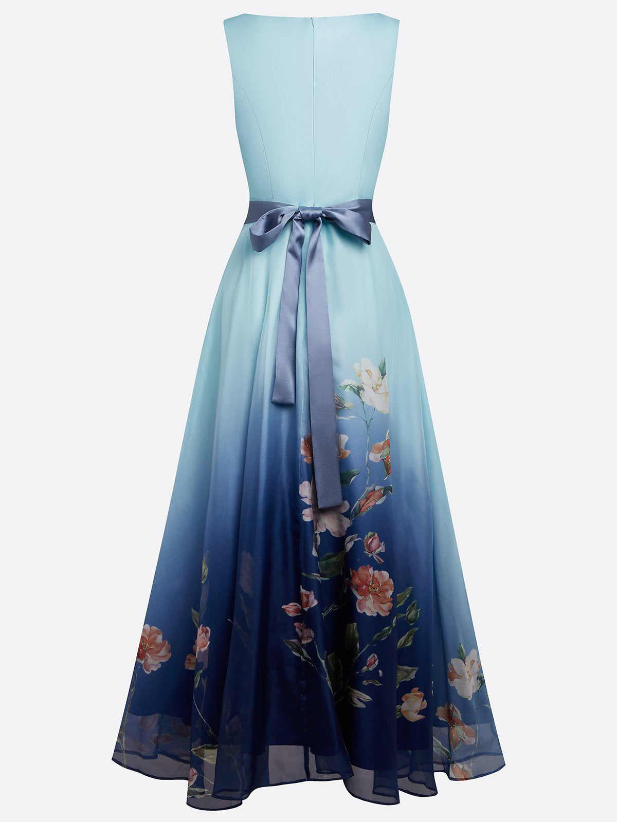 Light Blue Floral Chiffon V Neck Sleeveless A-Line Midi Dress