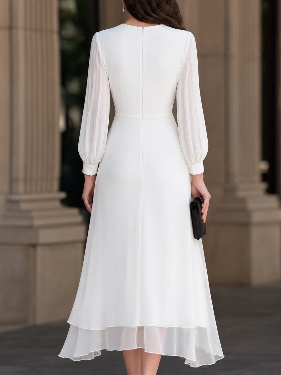 White Gathered Waist Layered Draped Chiffon Midi Dress