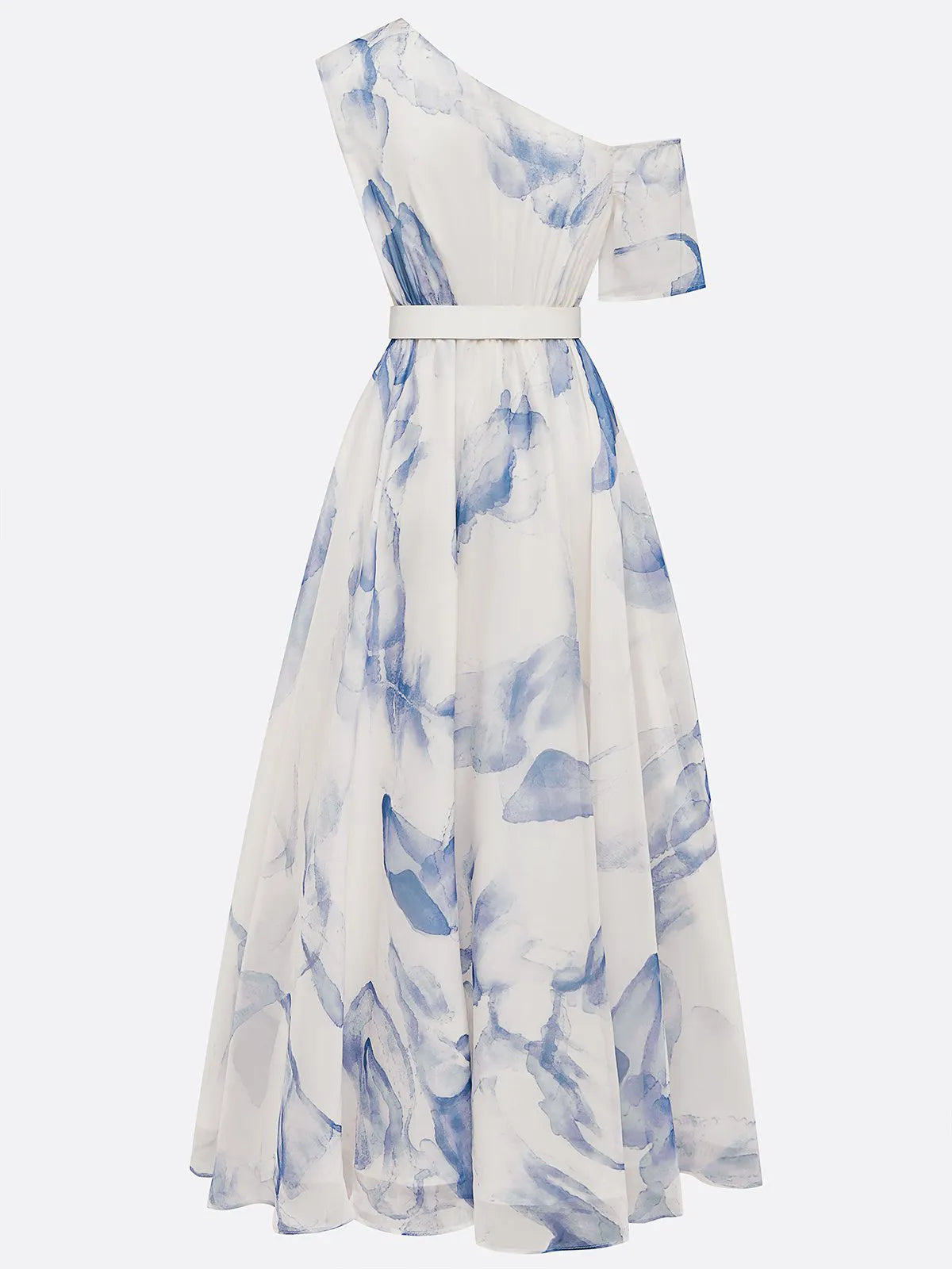 Blue Printing Asymmetric Chiffon One Shoulder Short Sleeve A-Line Maxi Dress