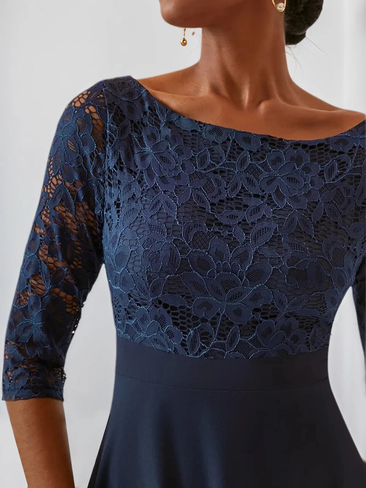 Purplish blue Lace Chiffon Crew Neck Half Sleeve A-Line Midi Dress