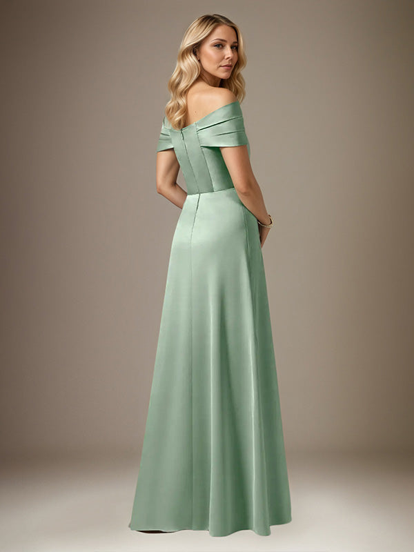 Mist Blue A Line Satin Off The Shoulder Sleeveless Floor Length Dress