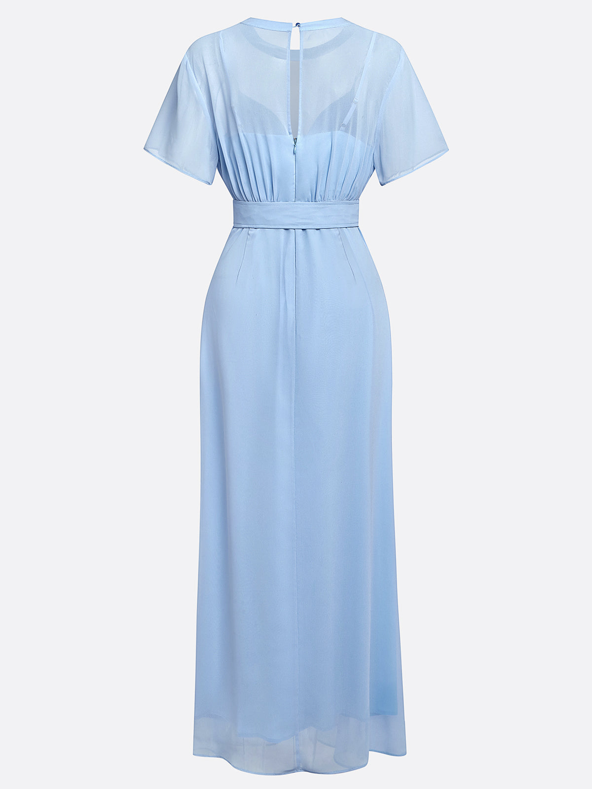 Light Blue Ruched Chiffon Crew Neck Short Sleeve A-Line Maxi Dress