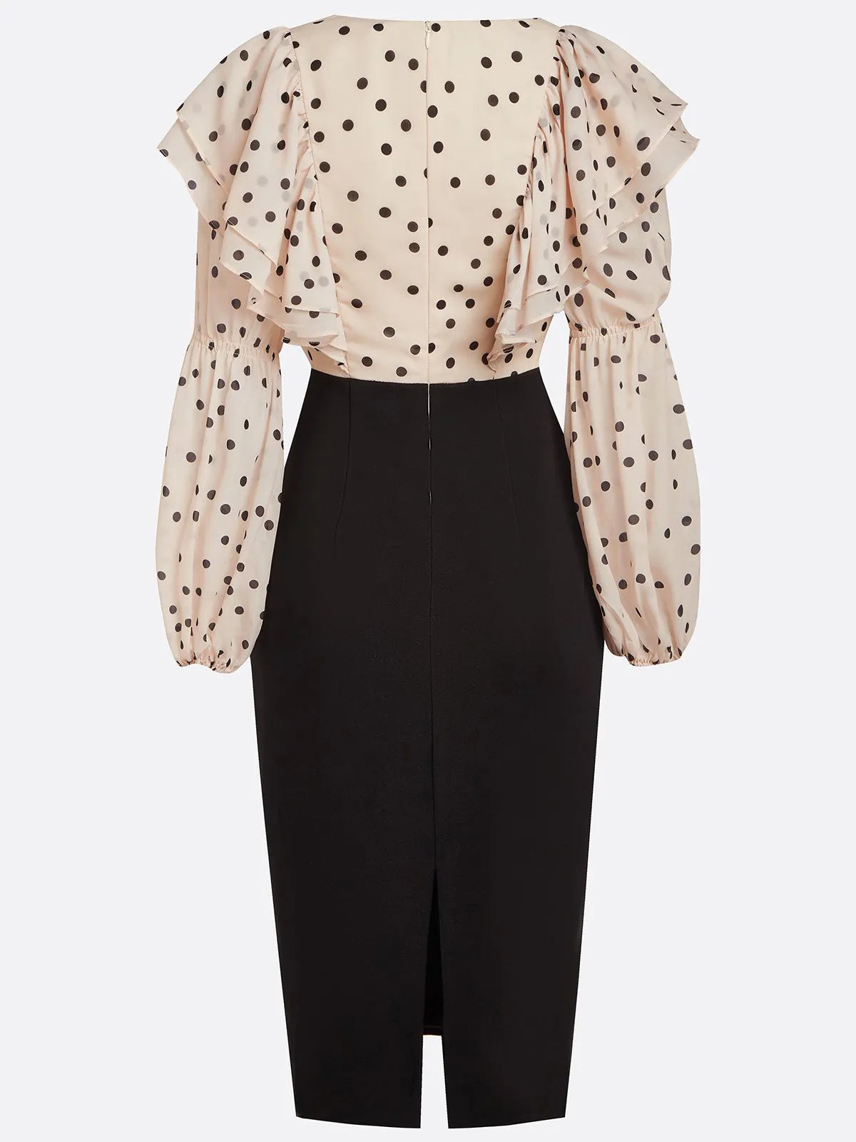 Apricot Peplum Chiffon Long Sleeve Balloon Sleeve Sheath Midi Dress