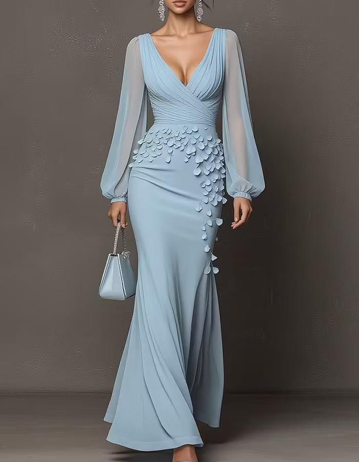 Deep V Sheer Puff Sleeve 3D Petal Chiffon Maxi Dress