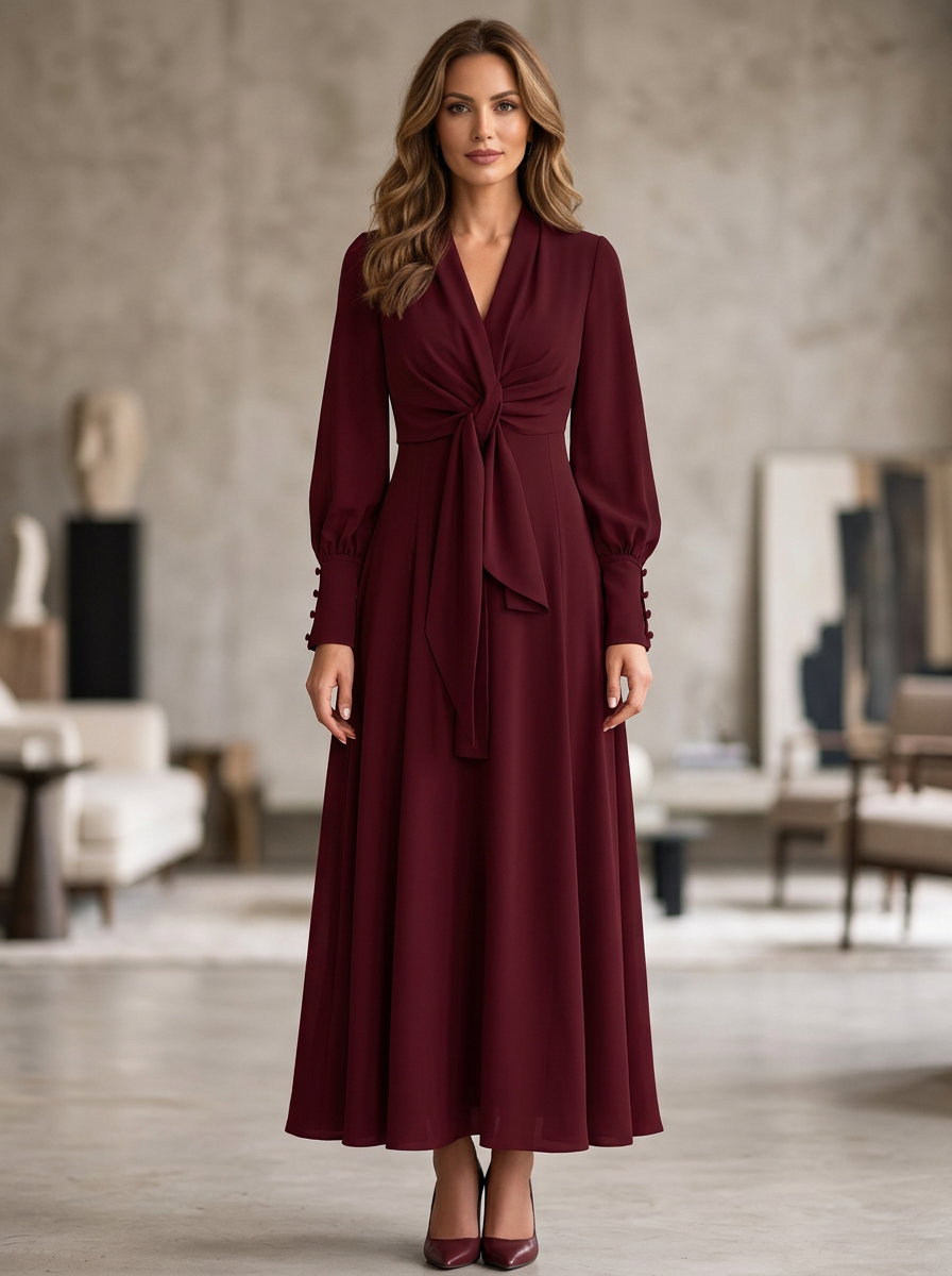 Burgundy Surplice V-Neck Knotted-Sash Buttoned-Sleeve A-Line Maxi Dress