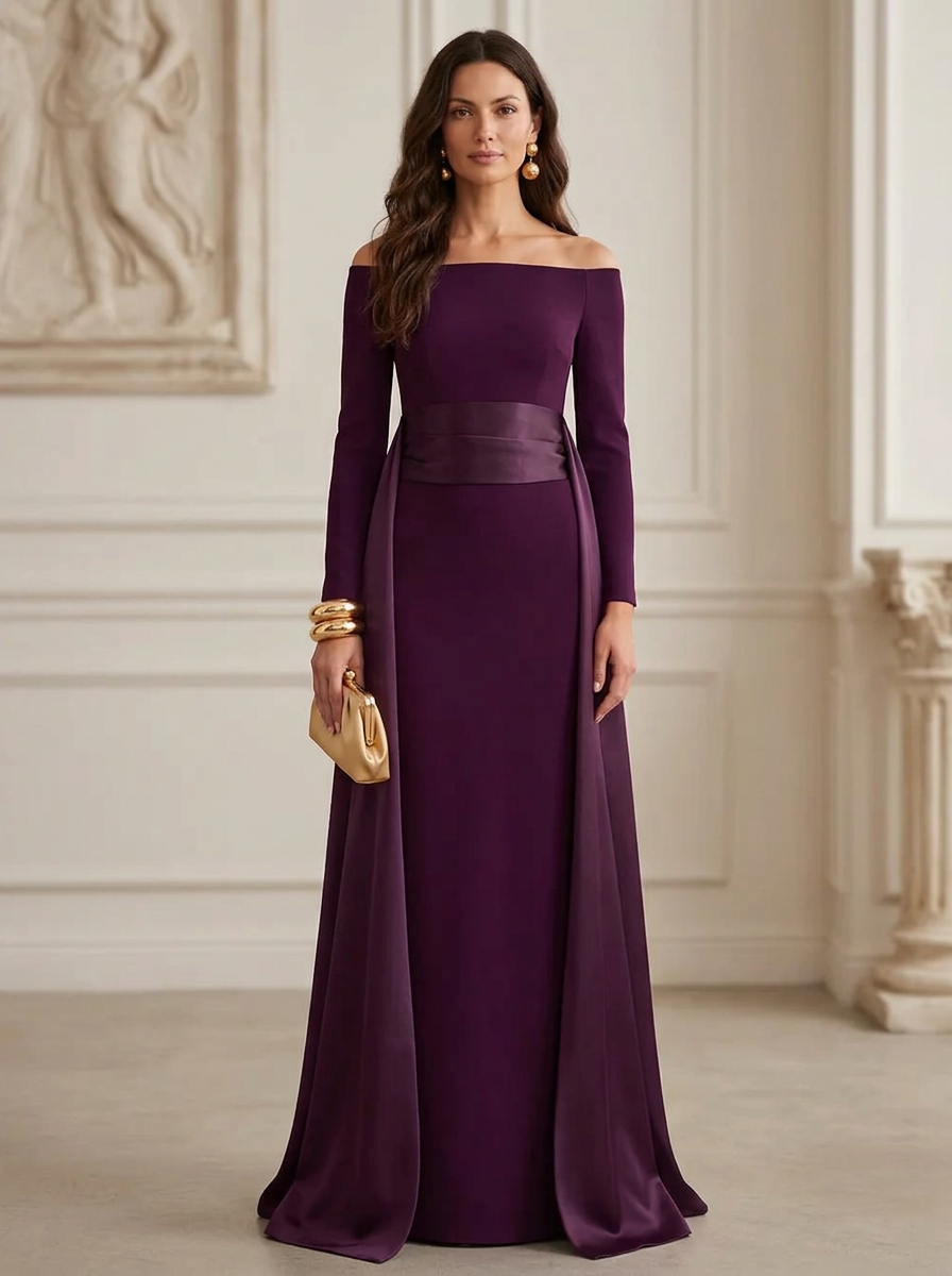 Burgundy Off-the-Shoulder Long Sleeve Sash Belt Sheath Maxi Dress