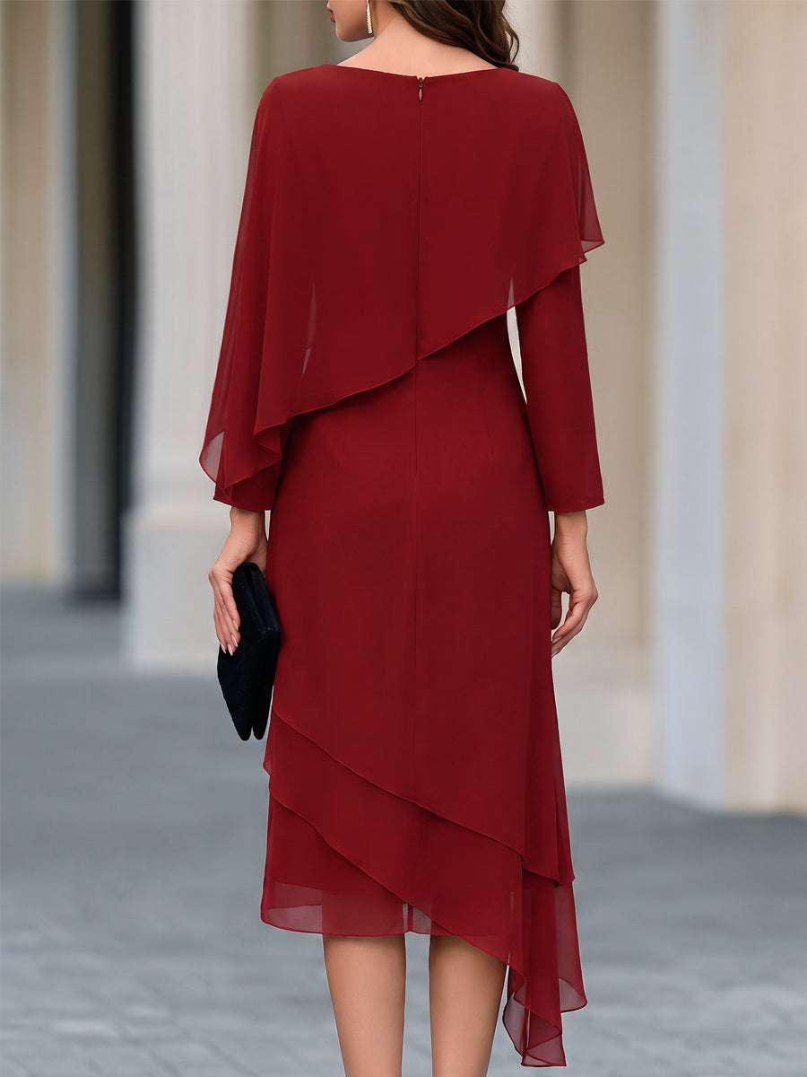 Red Cape-Style Chiffon Overlay Draped Midi Dress