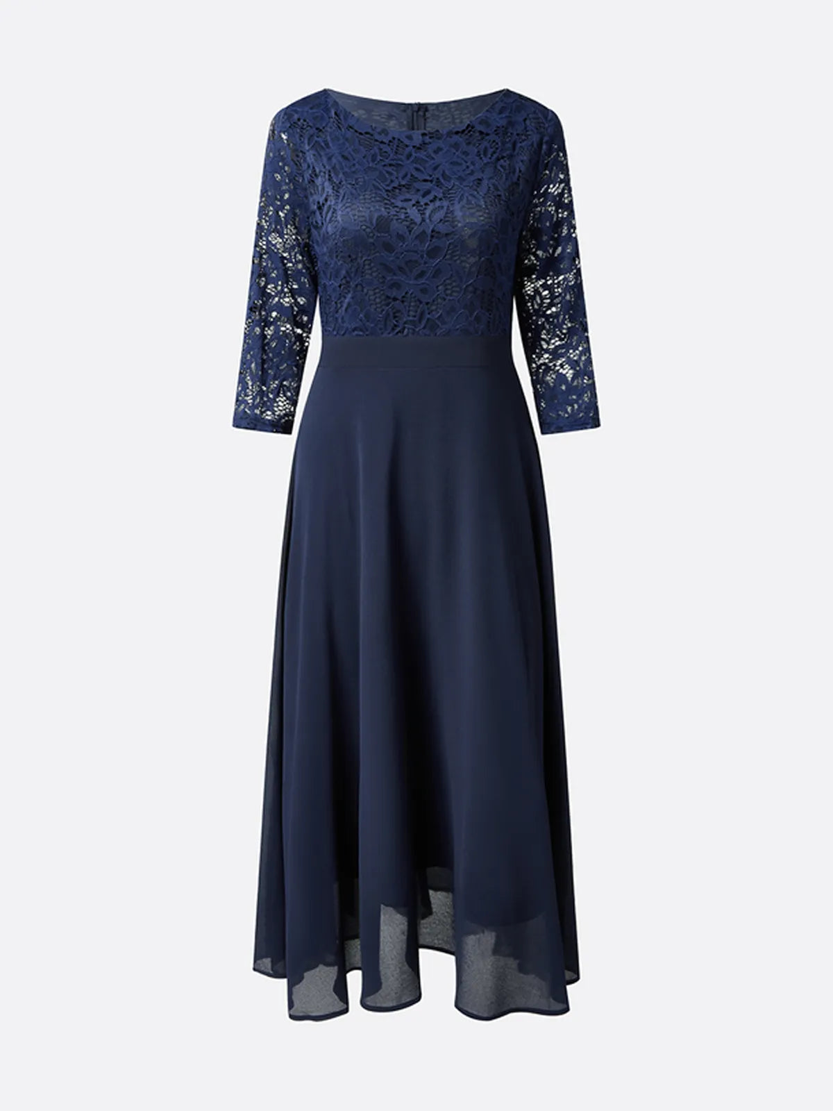 Purplish blue Lace Chiffon Crew Neck Half Sleeve A-Line Midi Dress