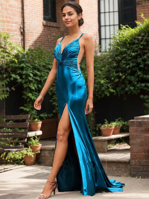 Metallic Lace Up Back V-Neck Ruched Mermaid Maxi Dress With Keyhole Cutout Slit