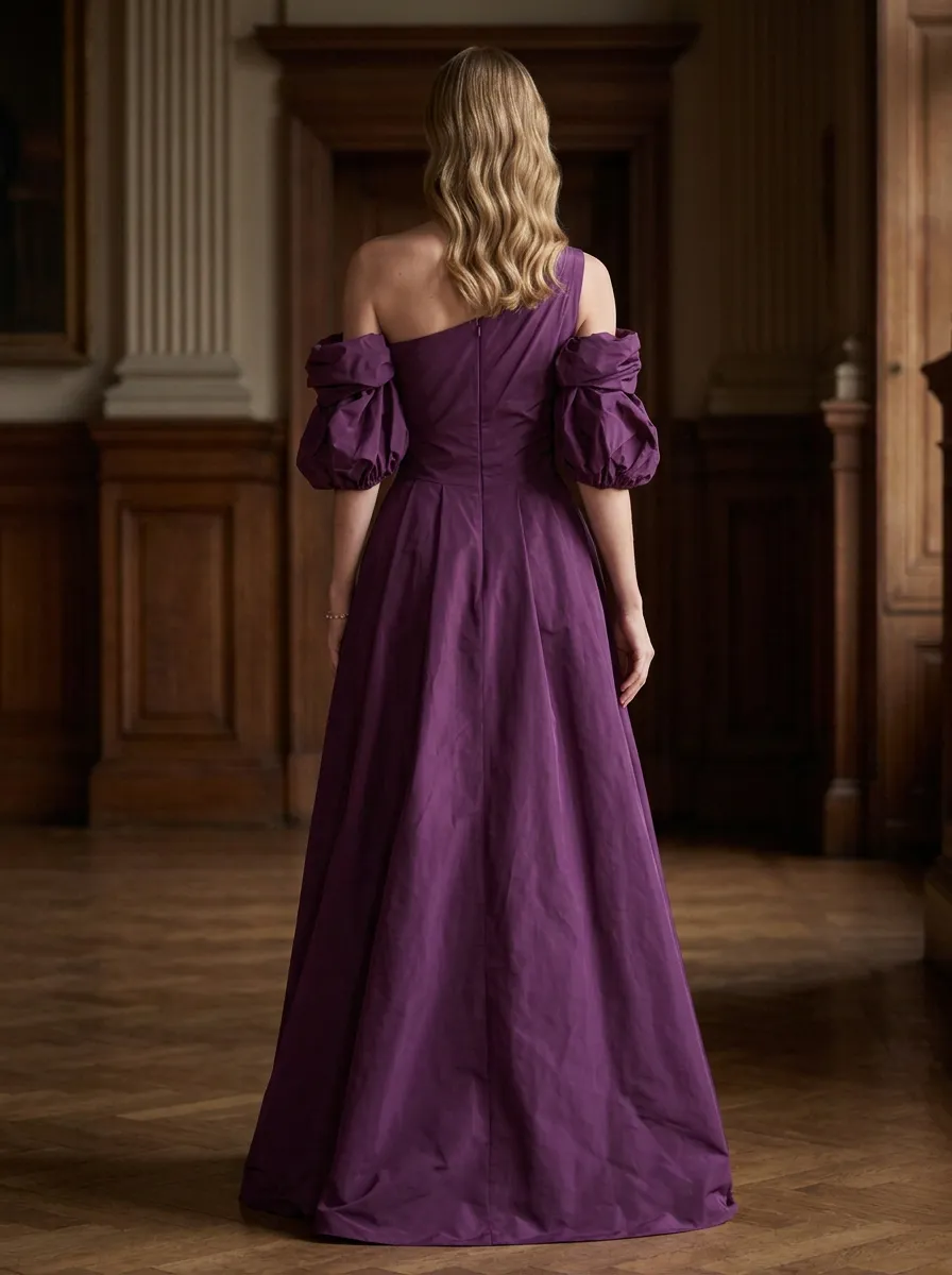 Plum One Shoulder Bubble Sleeve High Slit Maxi Dress