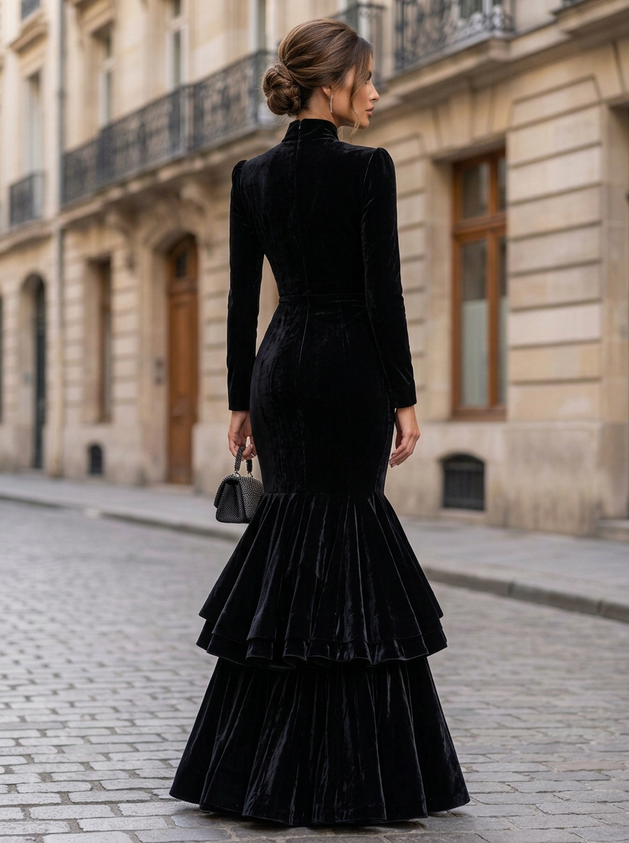 Black Velvet High Neck Ruffle Slit Mermaid Maxi Dress