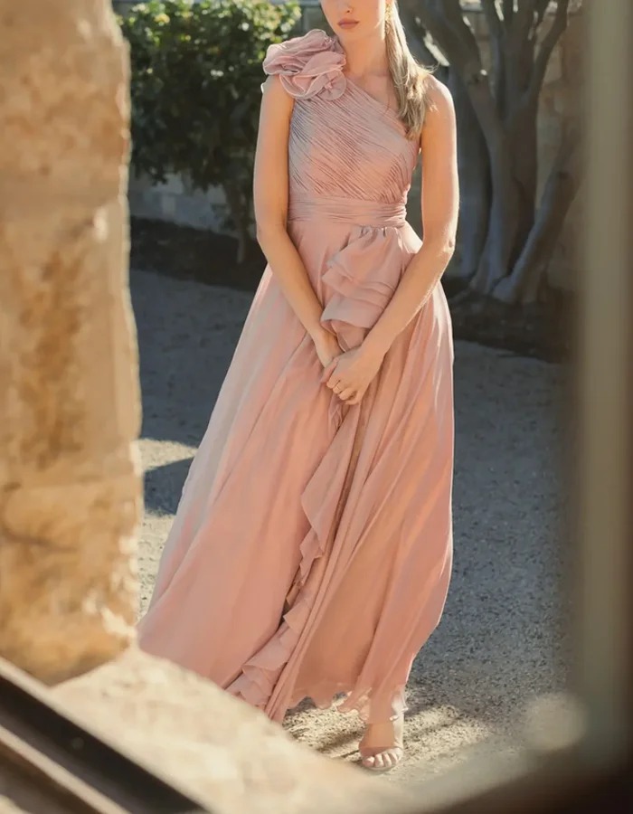 Pink One-Shoulder Ruched Chiffon Maxi Dress With 3D Floral