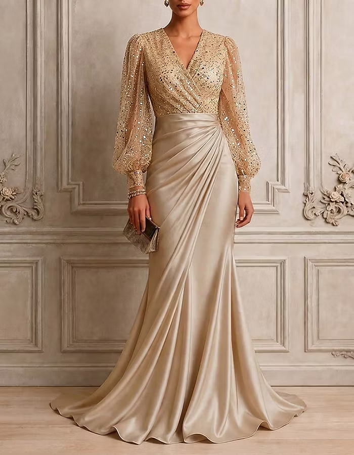 Champagne Gold V‑Neck Puff‑Long‑Sleeve Sequin‑Tulle & Satin Mermaid Maxi Dress