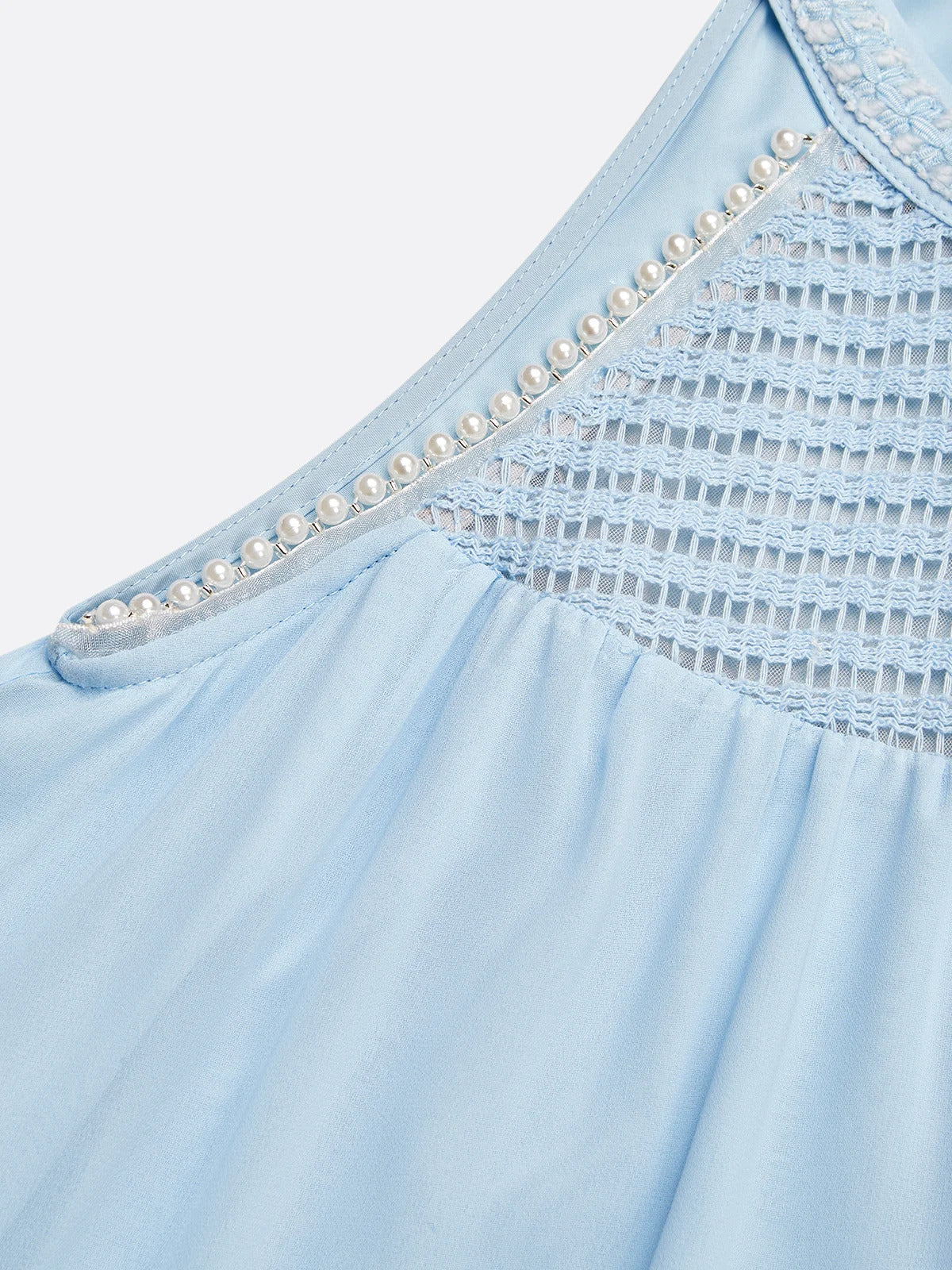 Light Blue Braided Strap Pearl Chiffon Halter Sleeveless A-Line Maxi Dress