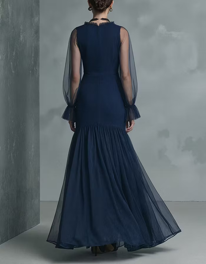 Navy Blue Sheer Tulle Mermaid Maxi Dress