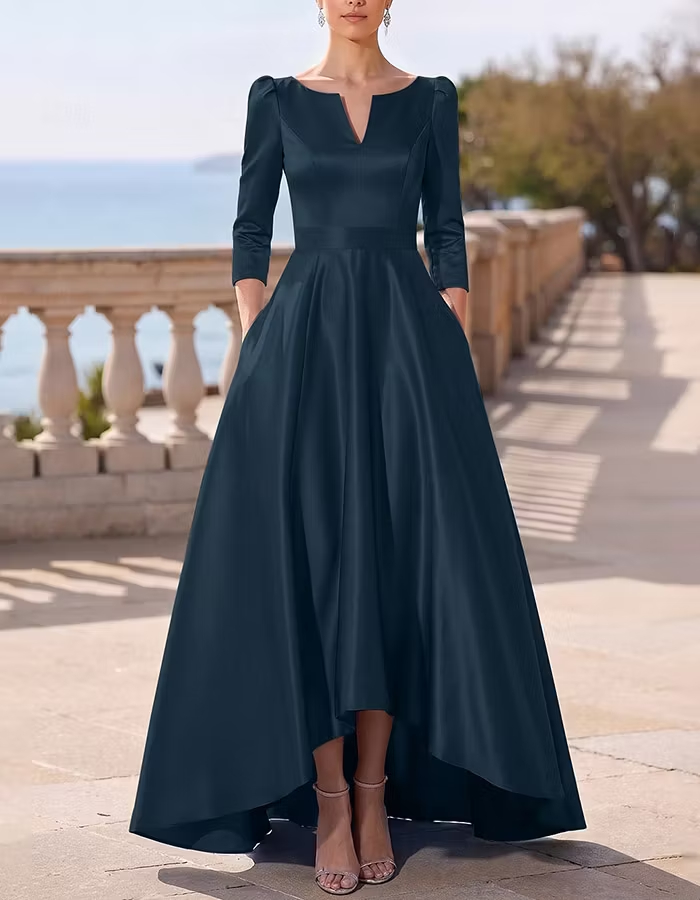 Light Blue Notch V‑Neck Three‑Quarter Sleeve Satin High‑Low A‑Line Maxi Dress