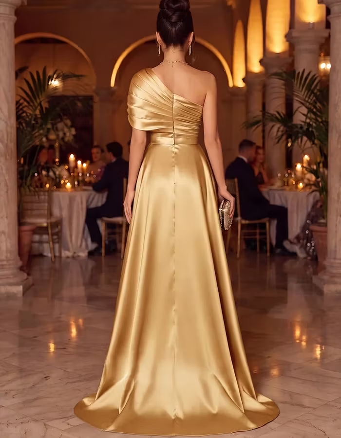 Gold One‑Shoulder Pleated Satin Sequin Embroidery Maxi Dress