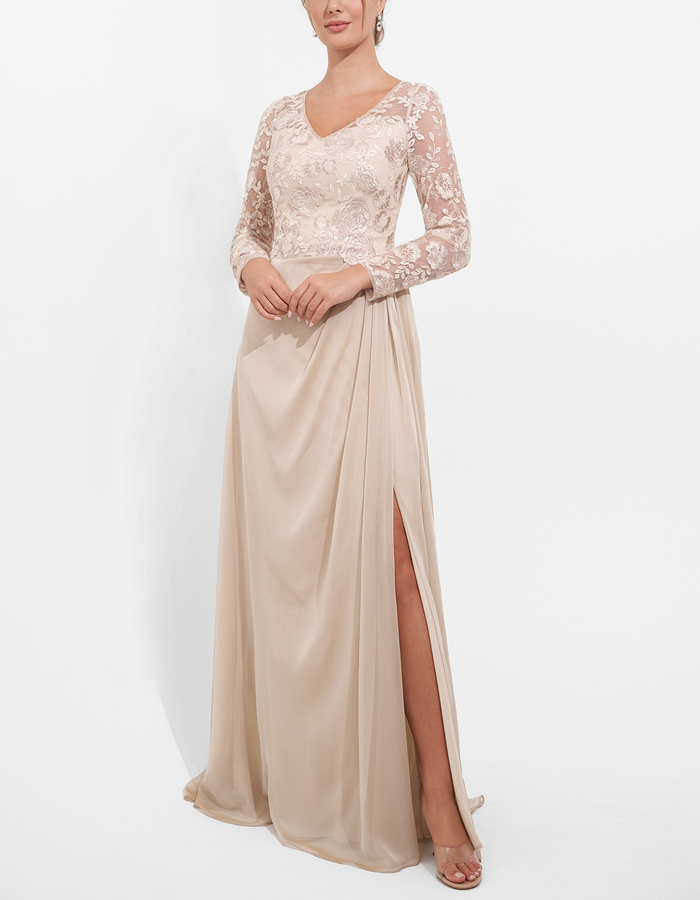 Apricot V-neck Lace And Chiffon Dress