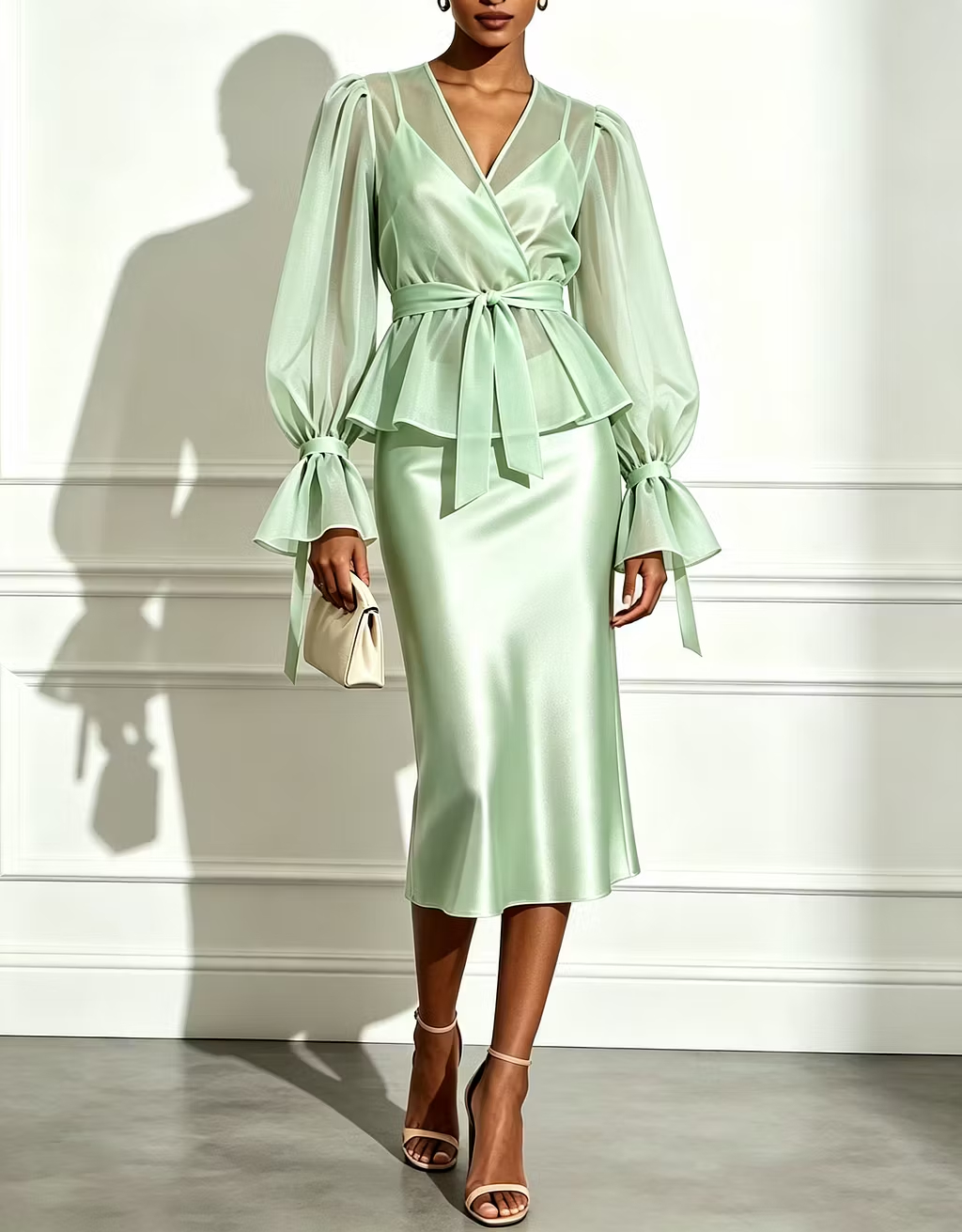 Champagne Chiffon Puff‑Sleeve Overlay Top with Belt & Satin Cami Midi Dress