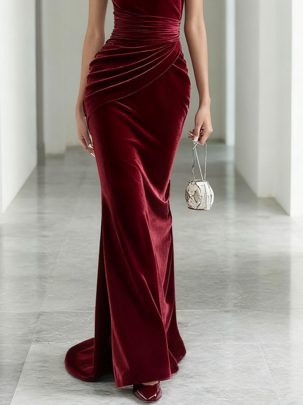 Wine Red 3D Floral Velvet Strapless Sleeveless Sheath Maxi Dress