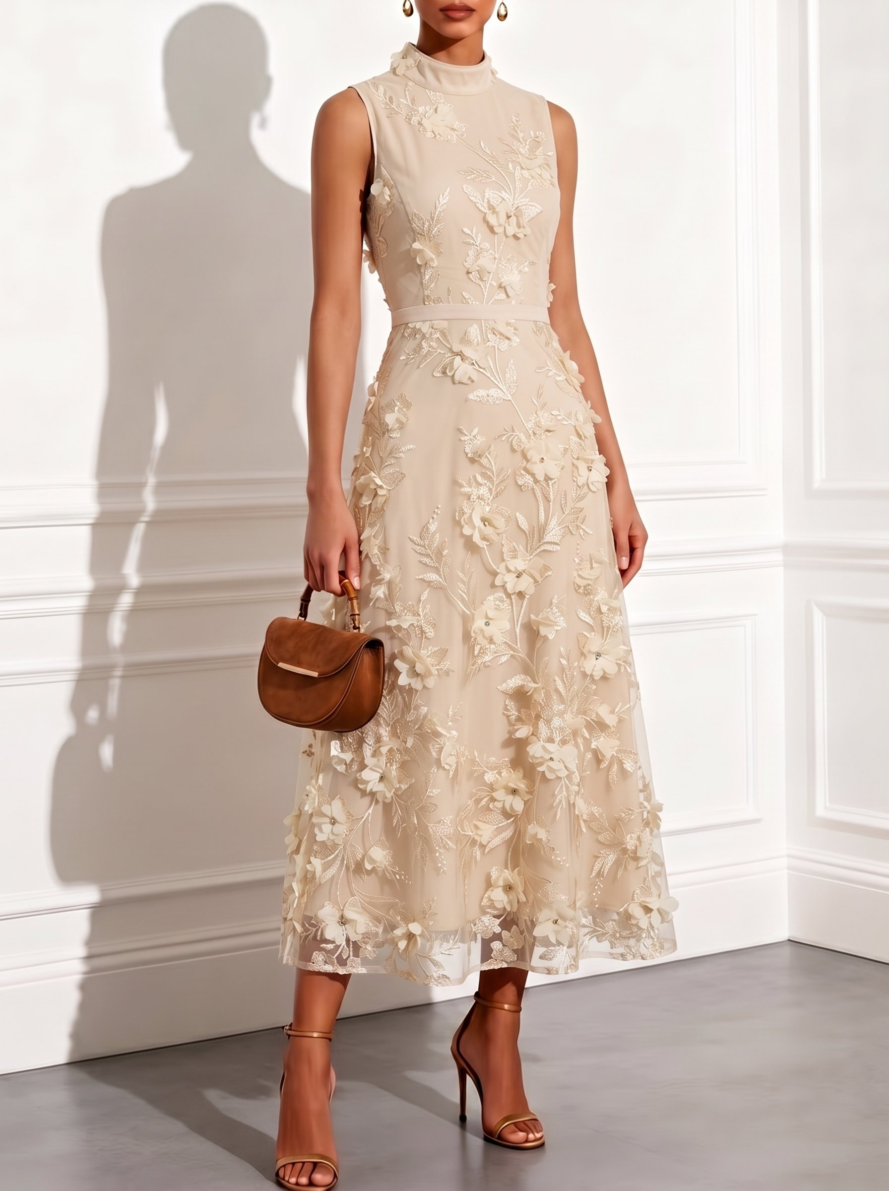 Champagne Sleeveless High Neck 3D Floral Lace A-Line Tea-Length Dress