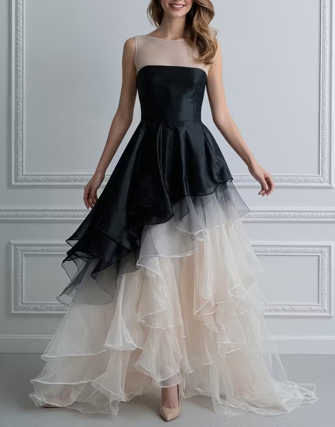 Asymmetrical Layering Of Black And Light Champagne Sleeveless Organza Fabric Maxi Dress