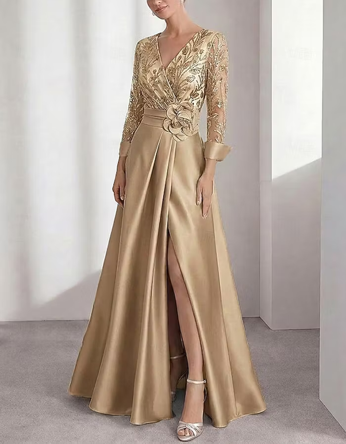Pink Satin & Sequin V-Neck 3D Floral Maxi Dress