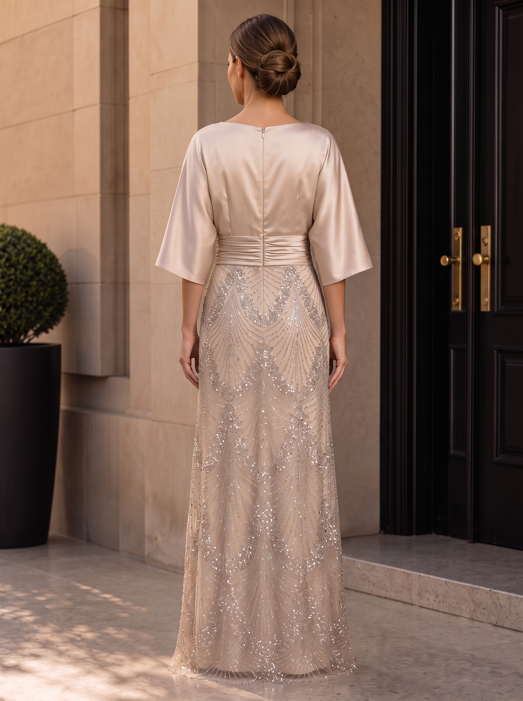 Champagne Bateau Neck Satin 3/4 Batwing Sleeves Maxi Dress