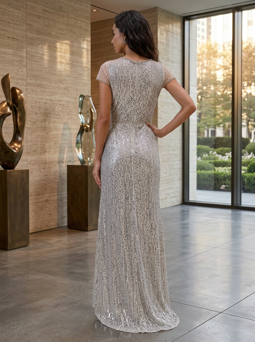 Silver V-Neck Cap Sleeve Sequin Beaded Sheath Maxi Dress