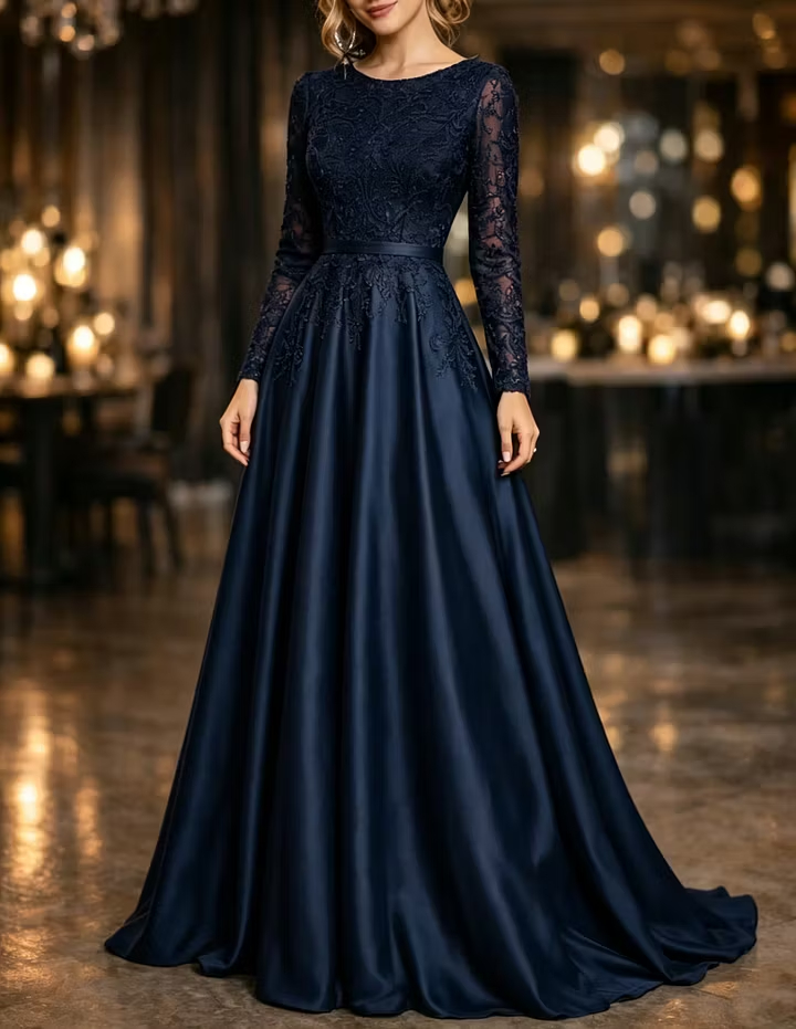 Burgundy Round Neck Lace Embroidered Satin Long‑Sleeve A‑Line Maxi Dress