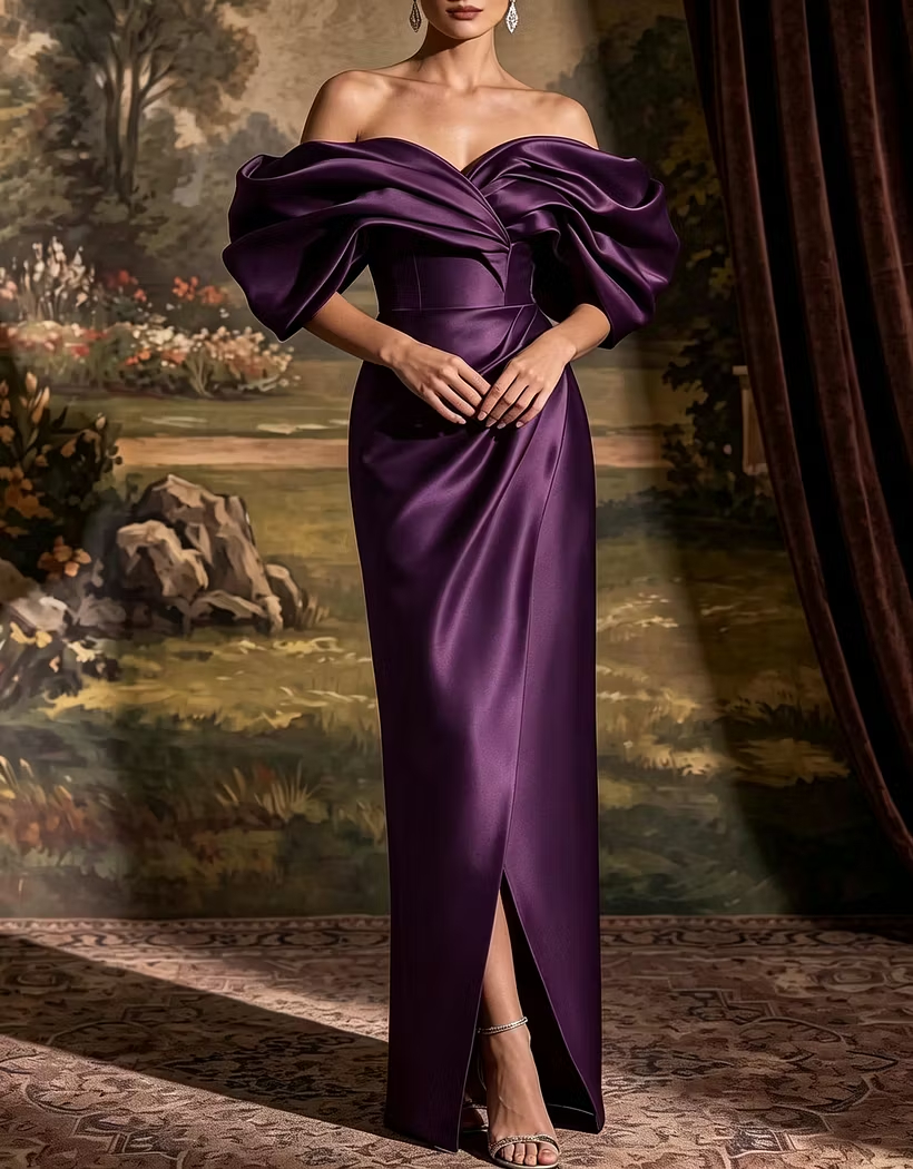 Off‑the‑Shoulder Statement Puff Sleeve Satin Column Evening Maxi Dress