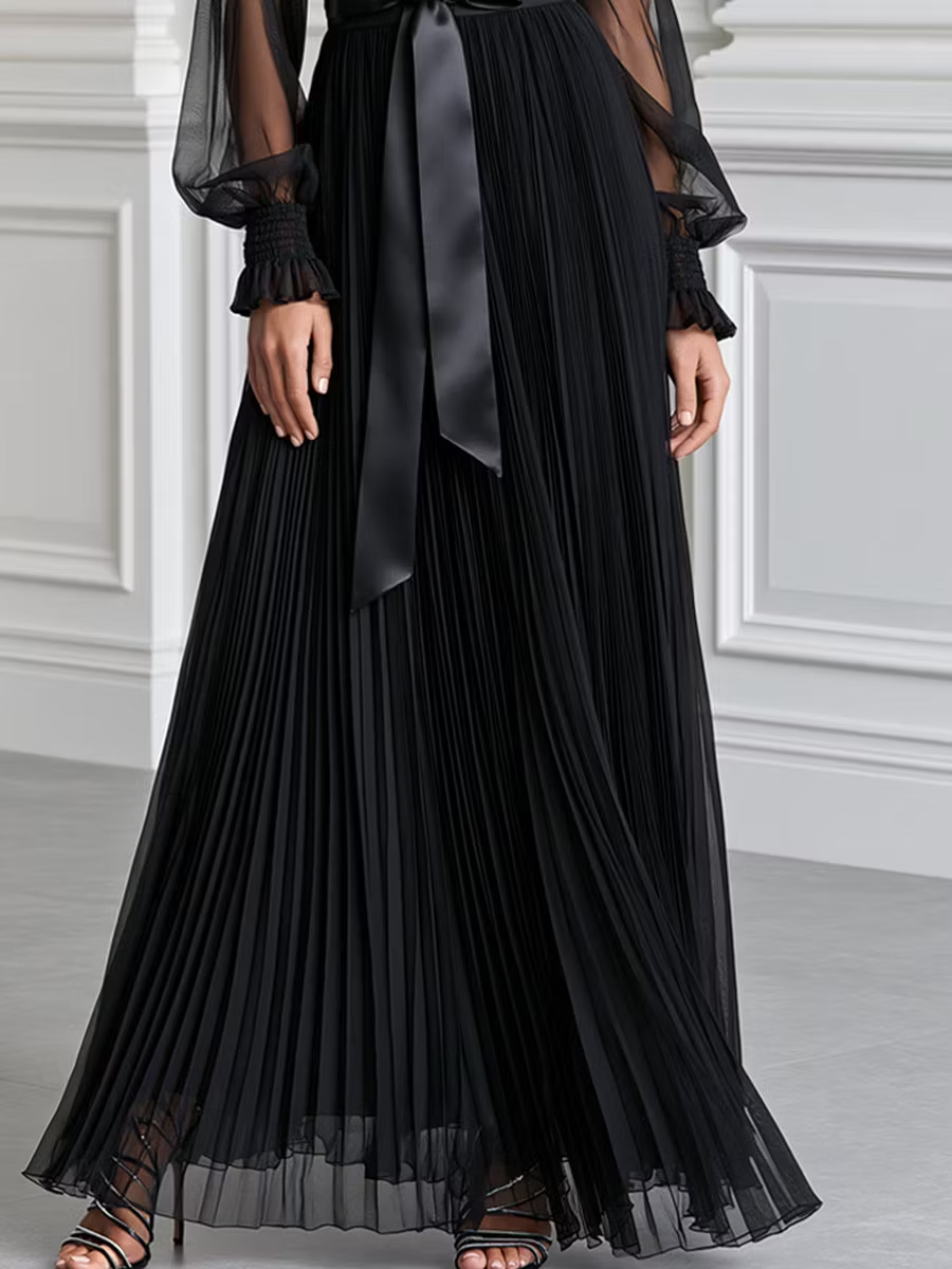 Black Pleated Sheer Long Sleeve Satin Belt Maxi Evening Dress