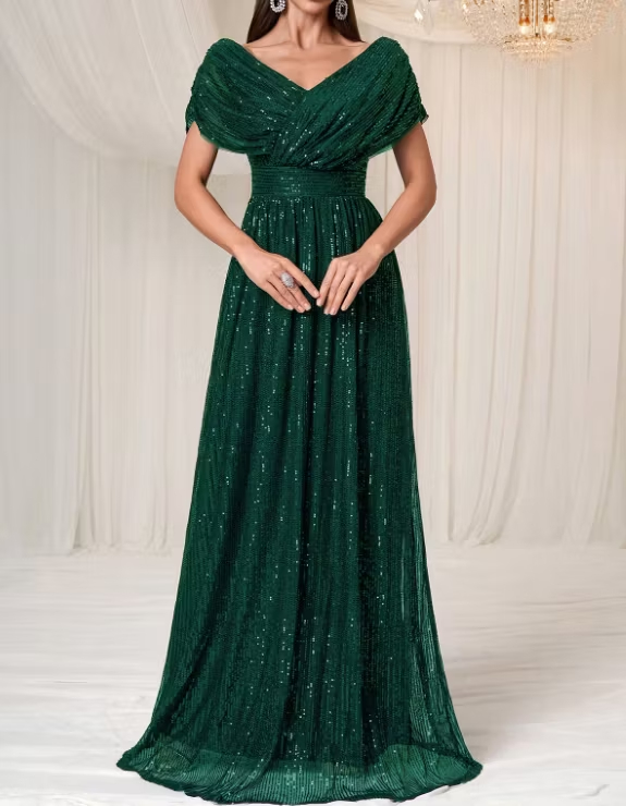 Navy Blue V‑Neck Sequin Tulle Fitted Waist A‑Line Maxi Dress