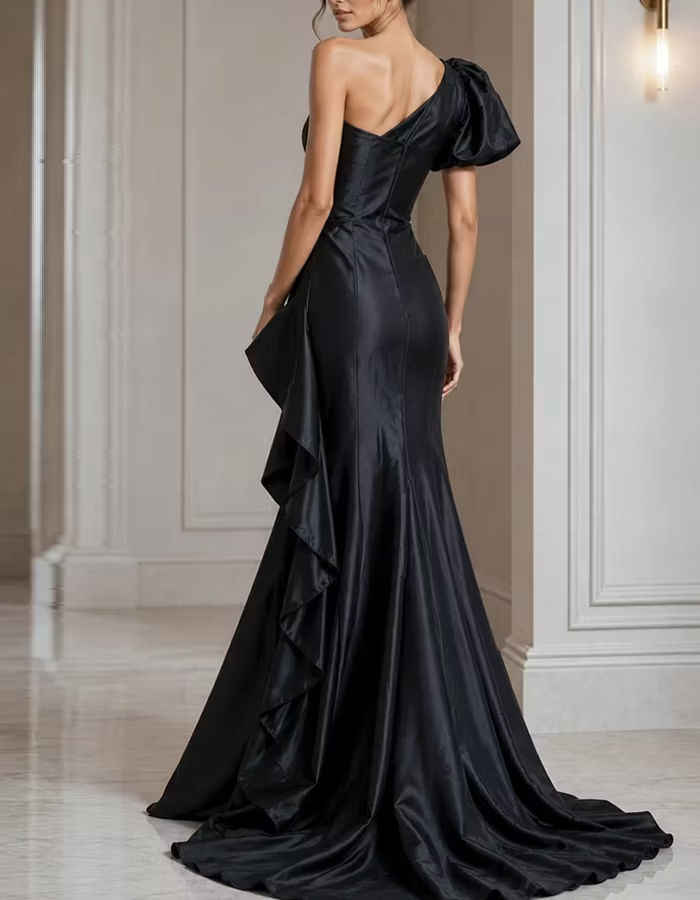 Black One‑Shoulder Cascading Ruffle Satin Mermaid Maxi Dress