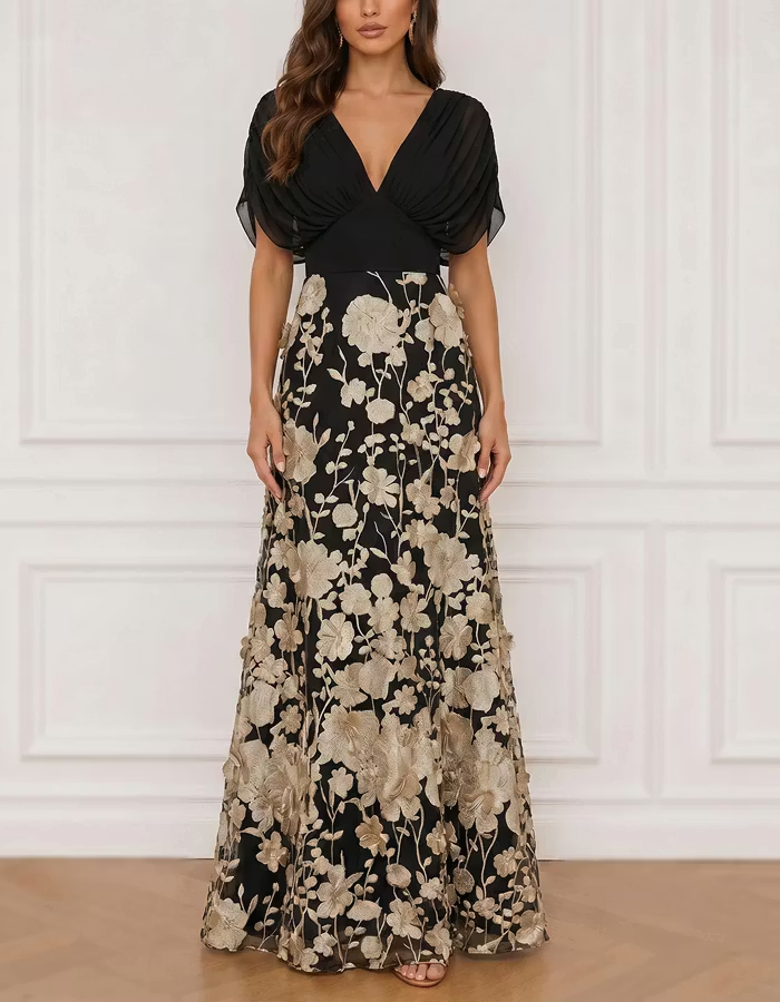 Black And Gold Floral Appliqué V-Neck Chiffon Maxi Dress