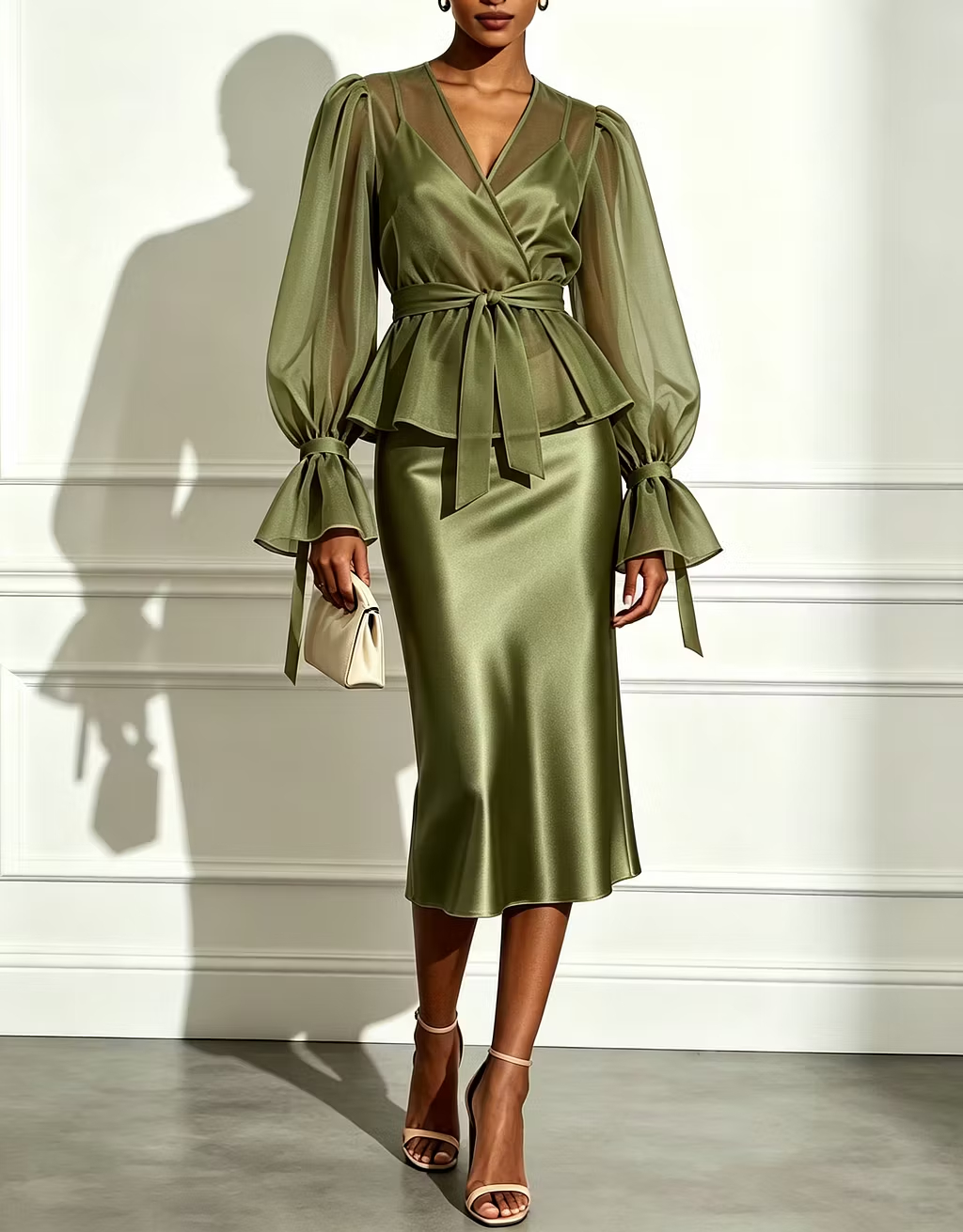 Champagne Chiffon Puff‑Sleeve Overlay Top with Belt & Satin Cami Midi Dress