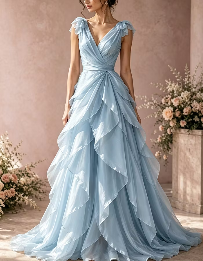 Organza Deep V Ruffle Shoulder Bow Surplice Twist Waist Maxi Dress