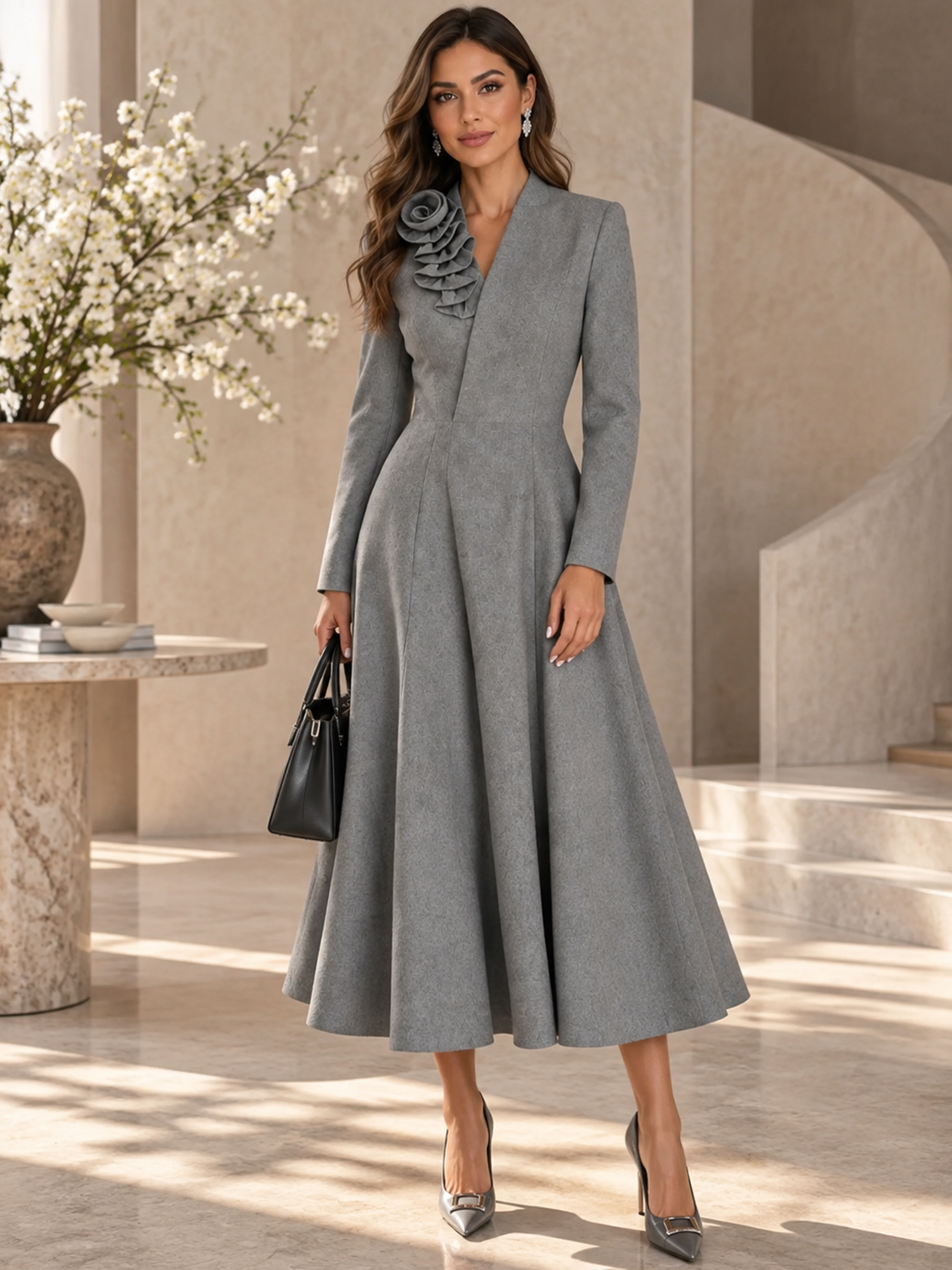 Grey V-Neck Long-Sleeve Floral A-Line Midi Dress