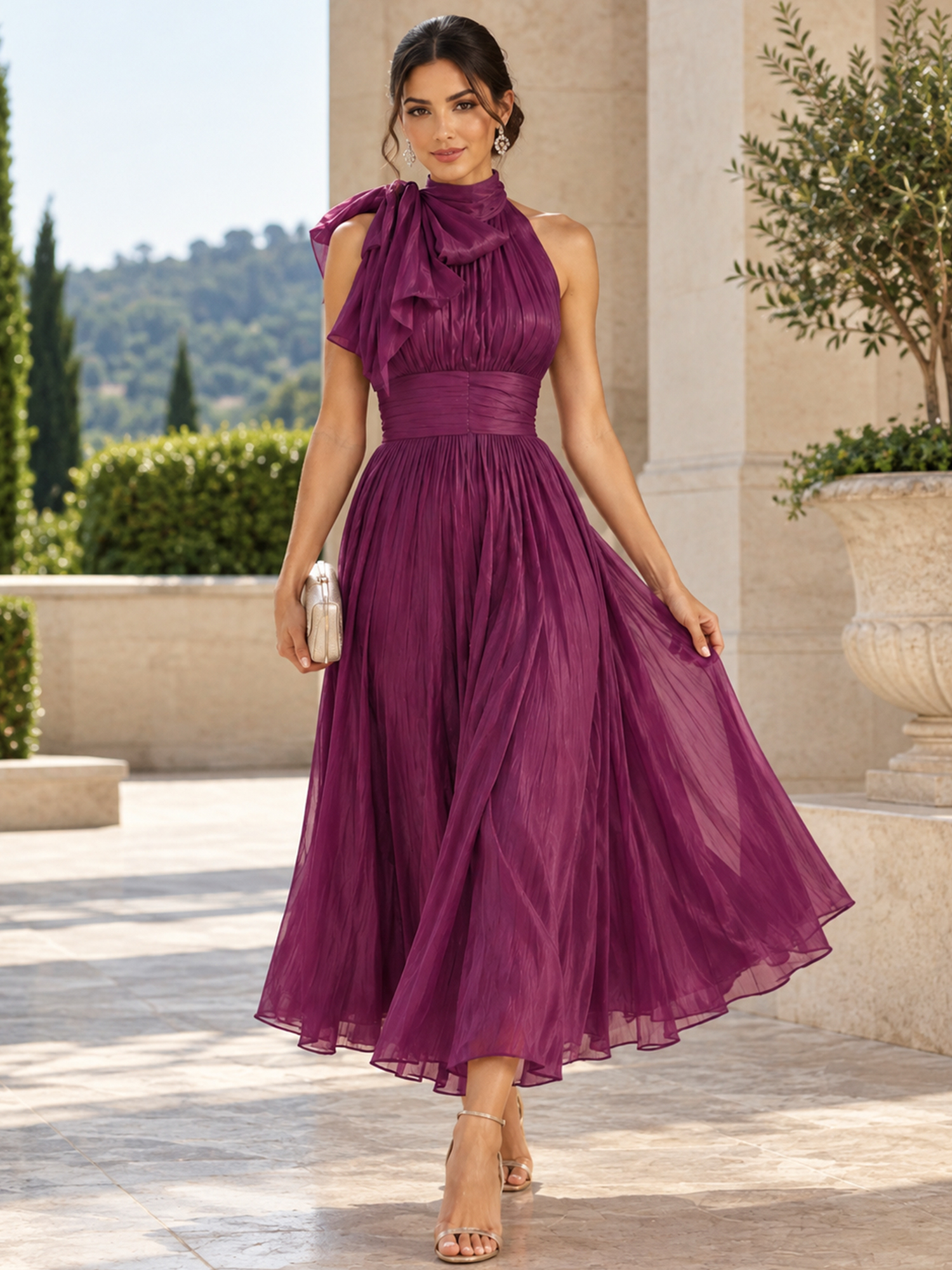 Plum Halter Bowknot Ruched A-Line Midi Dress