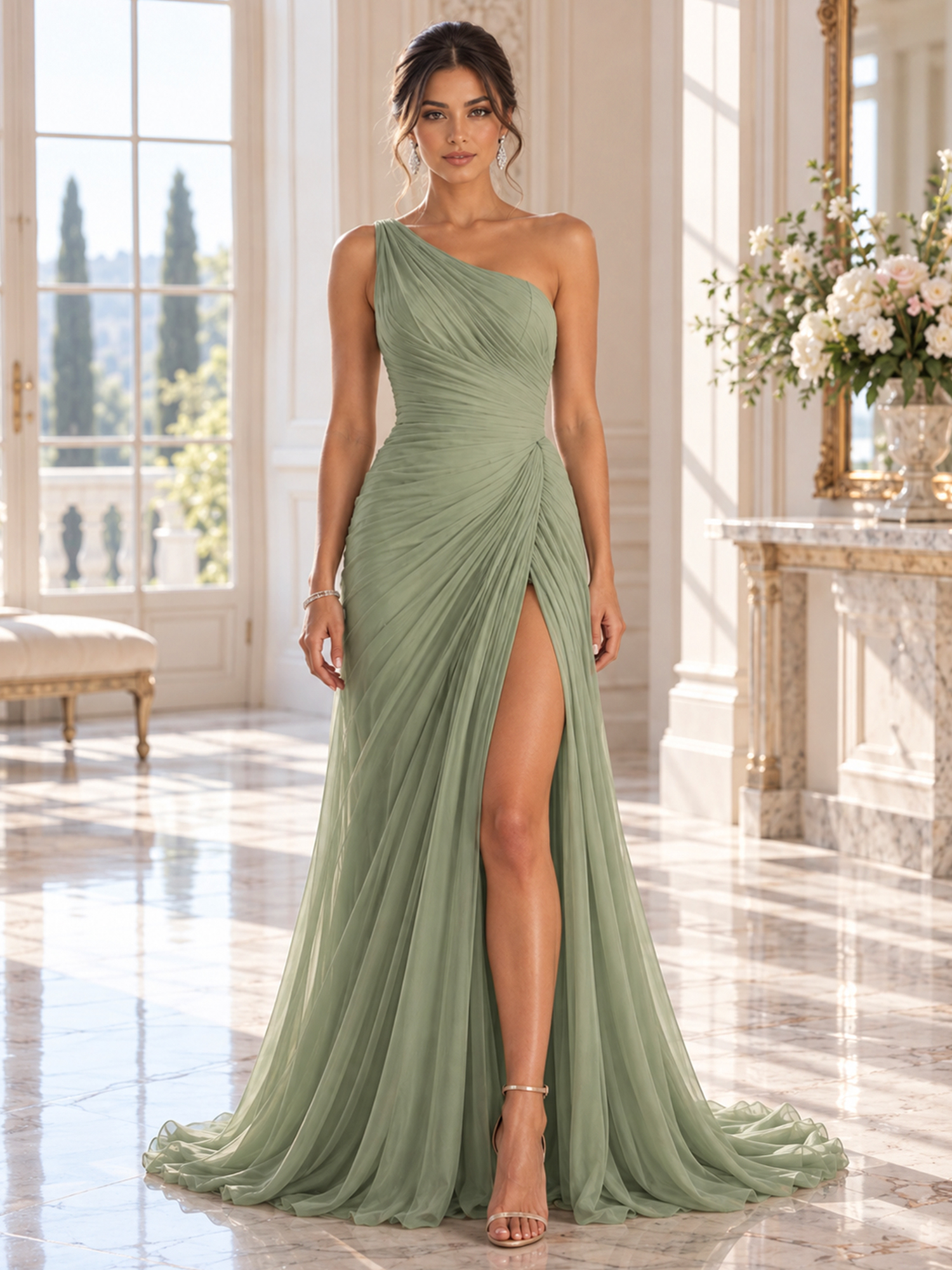 Sage Green One-Shoulder Ruched High-Slit Maxi Dress