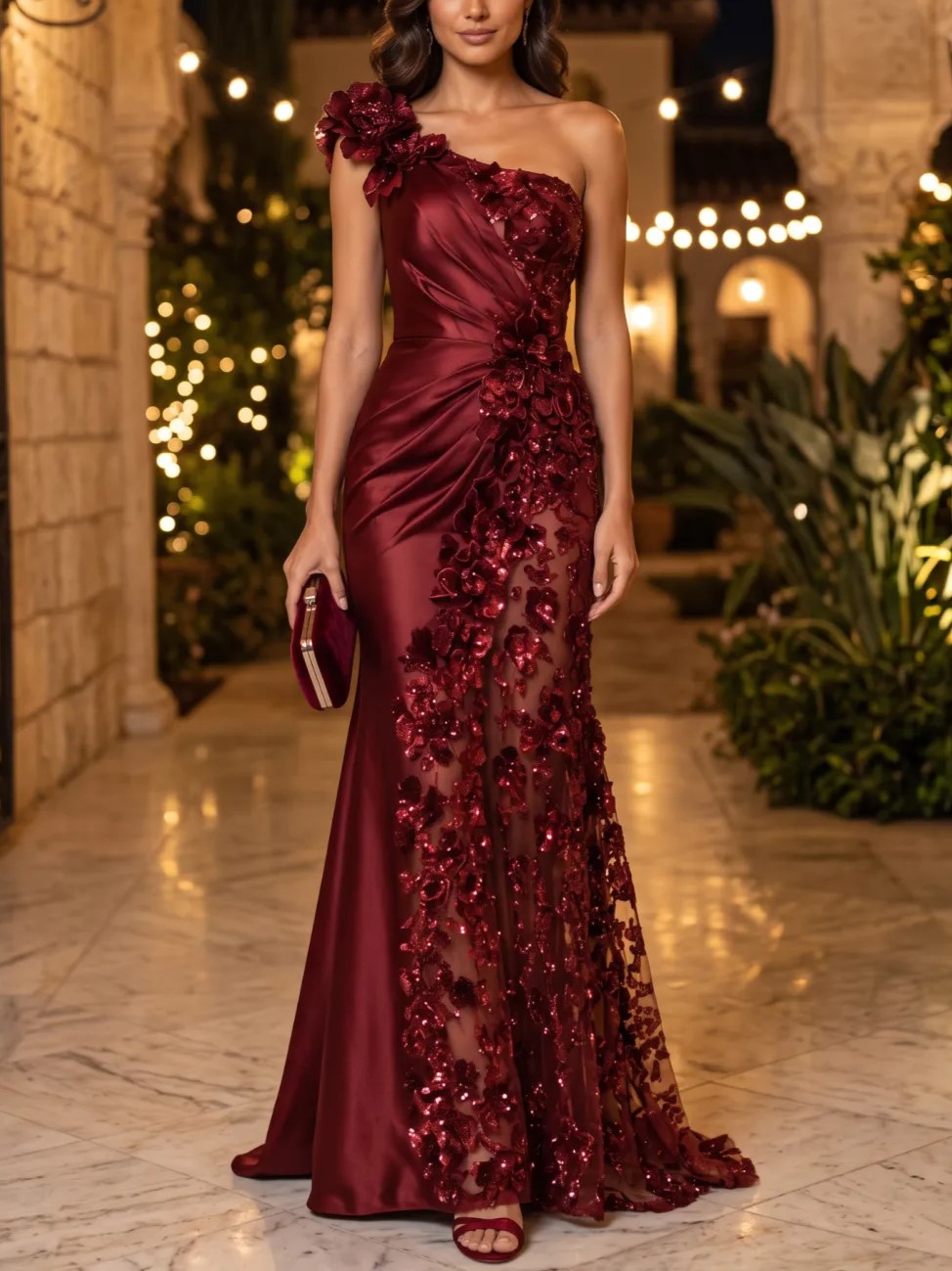 Burgundy One Shoulder Floral Mesh Mermaid Gown
