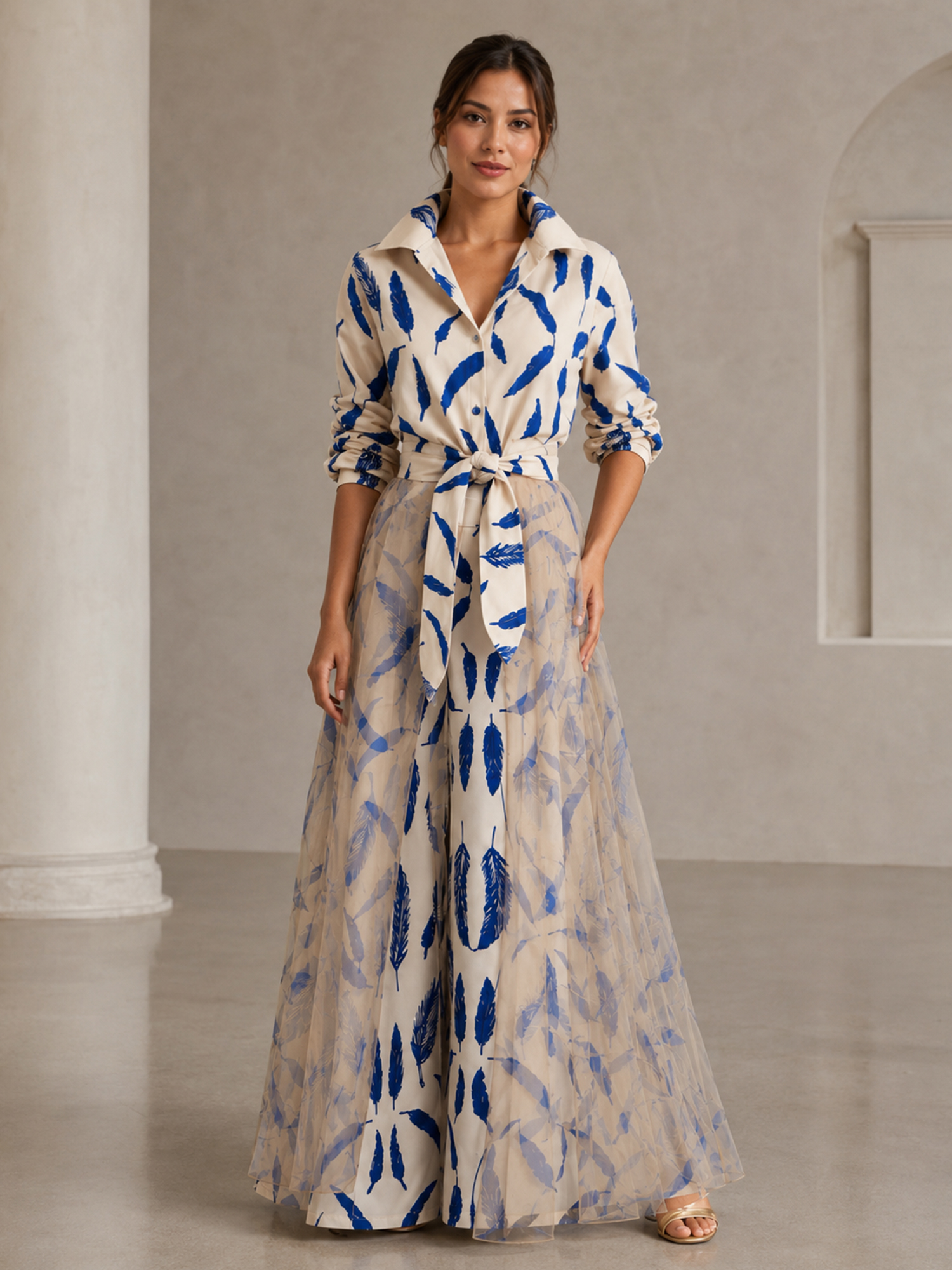Cream Blue Leaf Print Collared Long Sleeve A‑Line Floor‑Length Maxi Dress