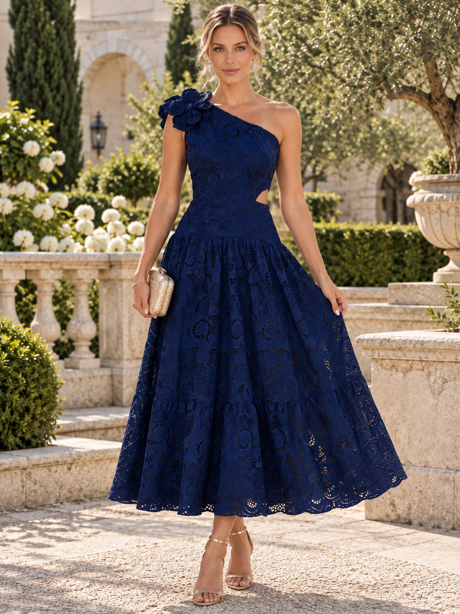 Navy Blue One-Shoulder Lace Floral Midi Dress