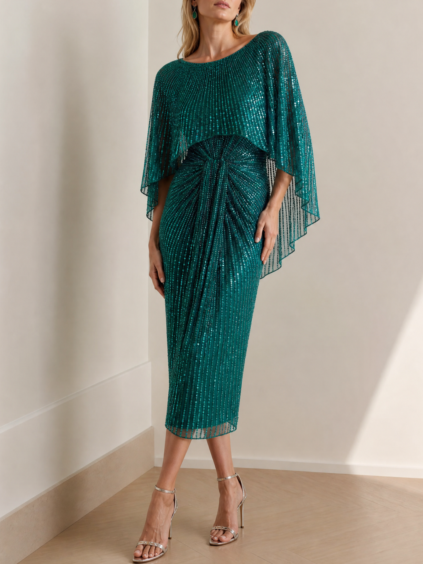 Emerald Sequin Capelet Round Neckline Sheath Midi Evening Gown Dress