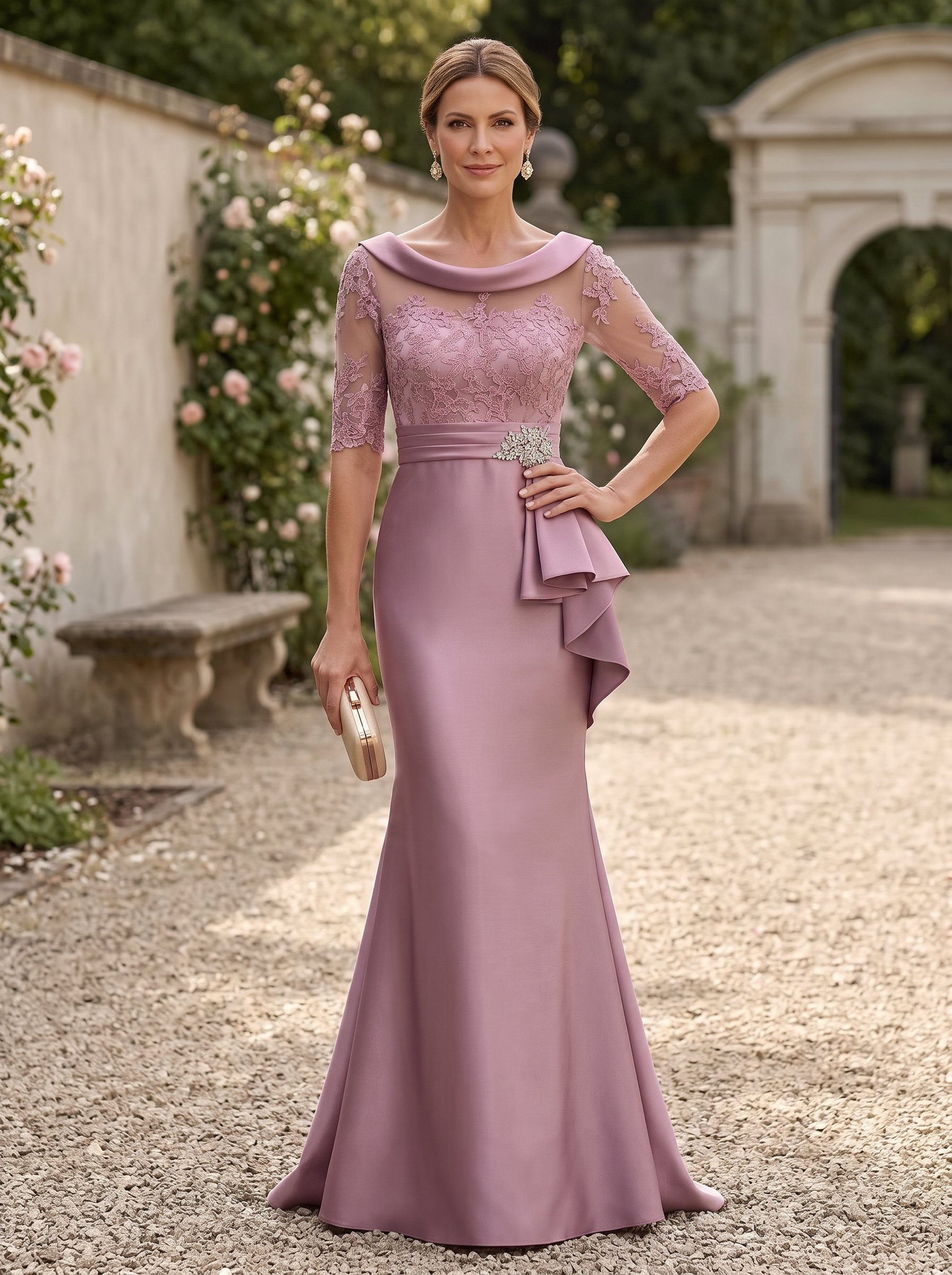 Dusty Rose Boat Neck Lace Sleeve Beaded Waistband Mermaid Maxi Dress