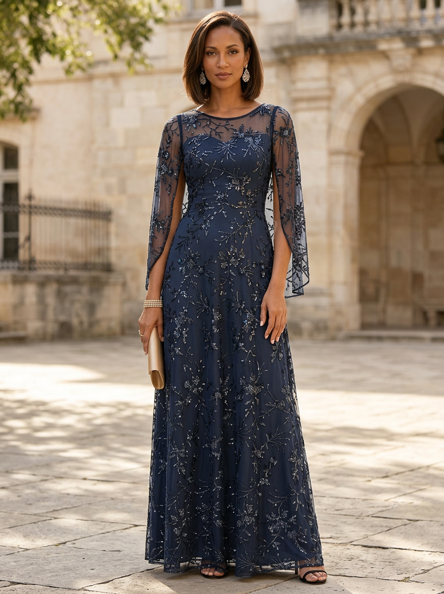 Navy Blue Round Neck Sheer Sleeve Sequin Floral A-Line Maxi Dress