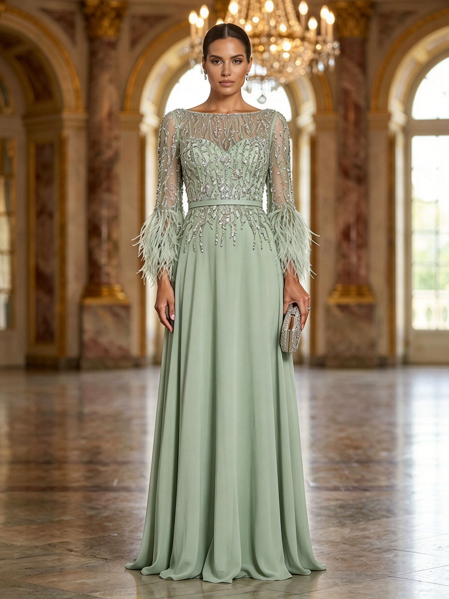 Light Blue Beaded Long Sleeve Feather Trim Maxi Dress