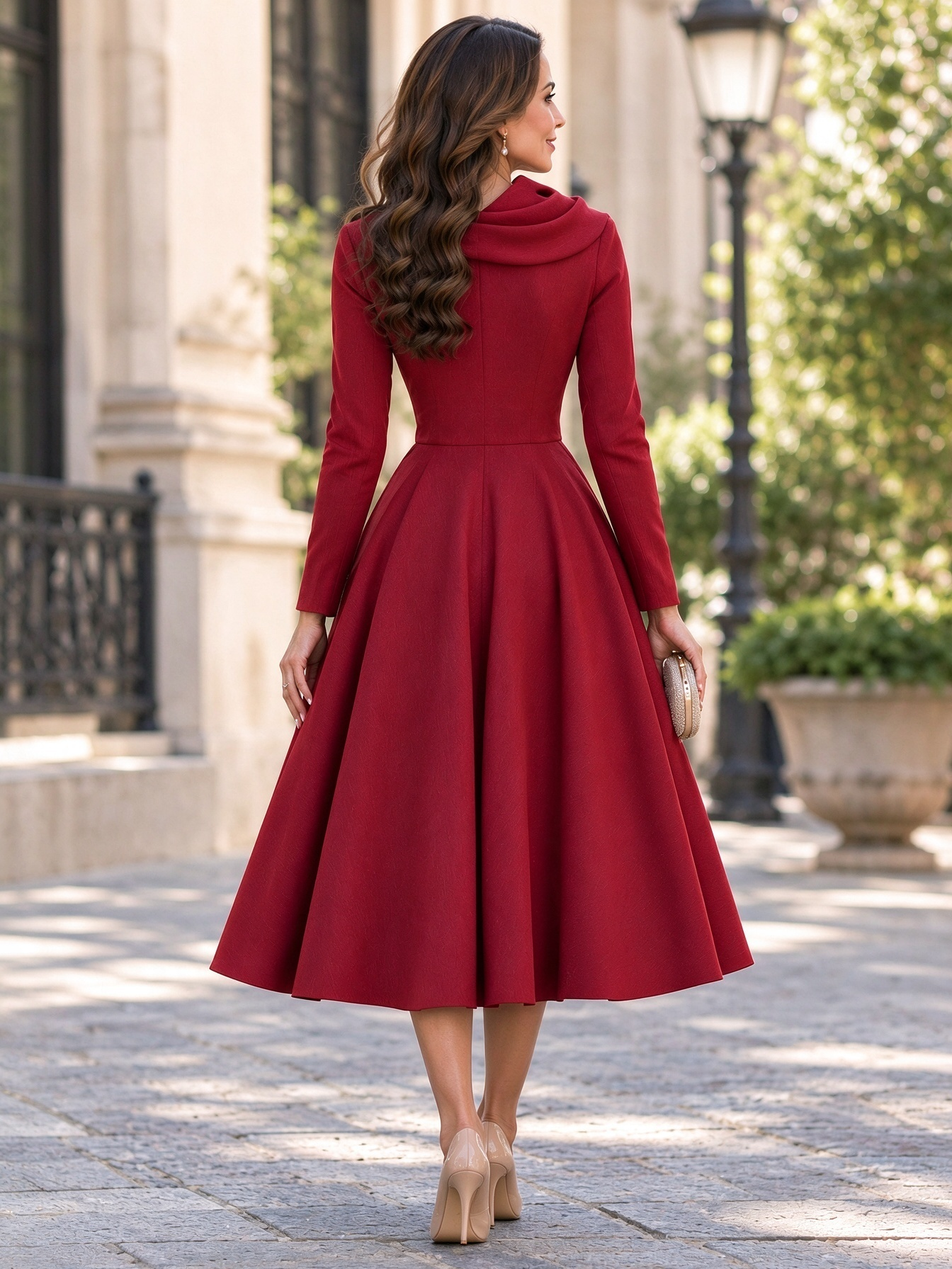 RedLong Sleeve Cowl Neck A-Line Tea-Length Dress