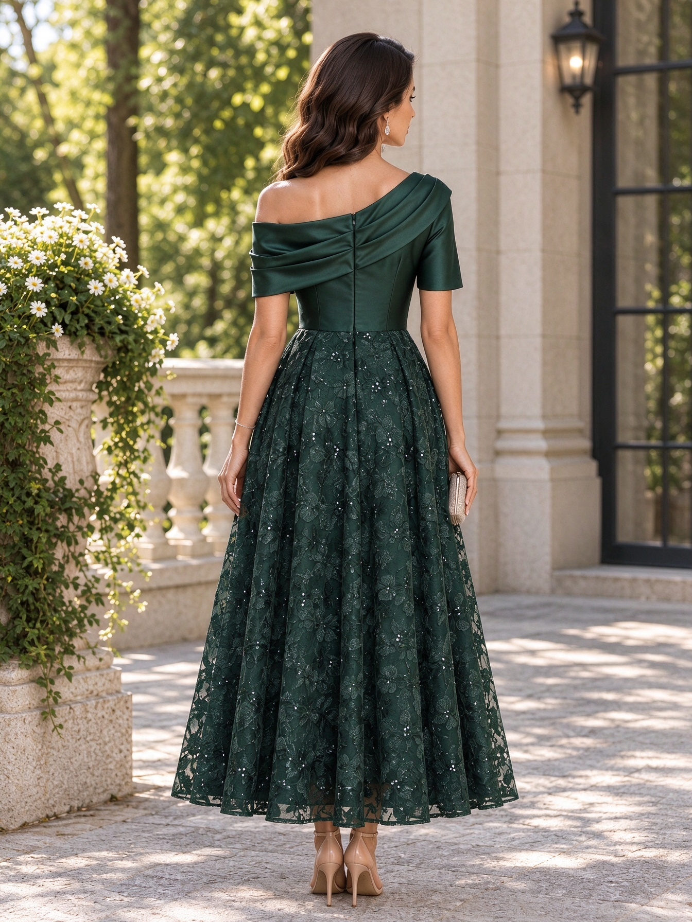 Emerald Green One Shoulder Satin Lace Sequin Maxi Dress